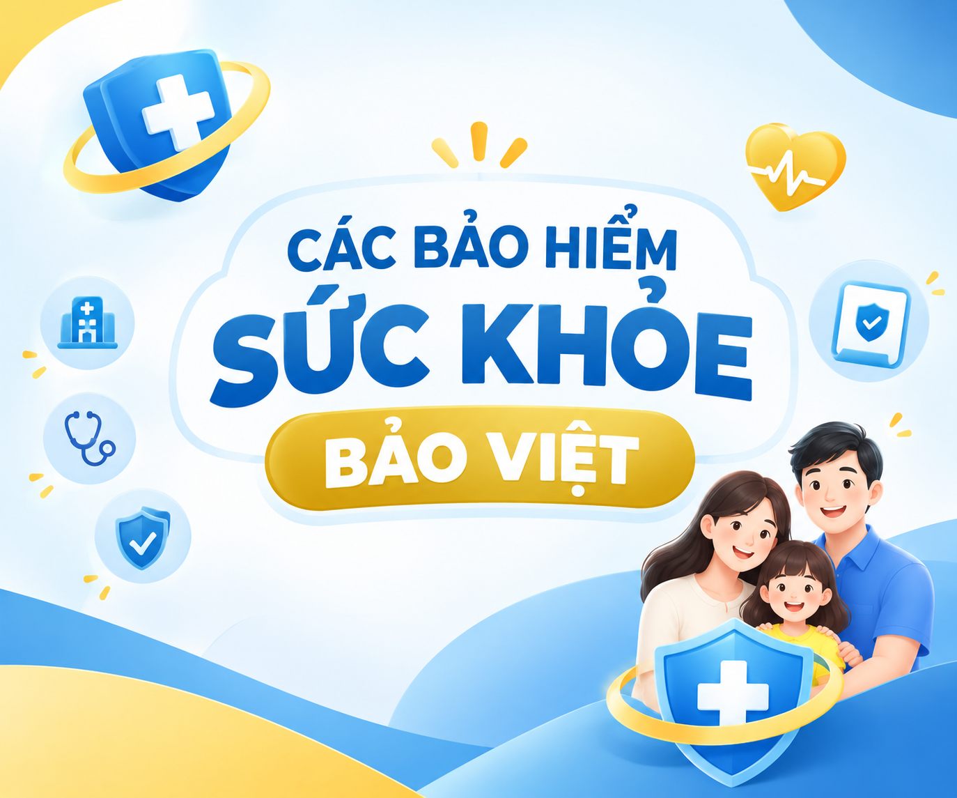 Minh họa bảo hiểm sức khỏe Bảo Việt với biểu tượng lá chắn y tế, trái tim và gia đình được bảo vệ