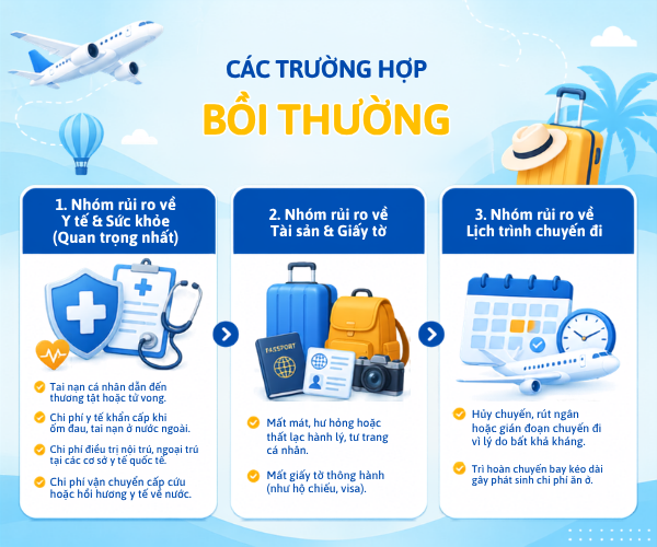 Các trường hợp bảo hiểm du lịch có thể bồi thường về y tế, tài sản và lịch trình chuyến đi