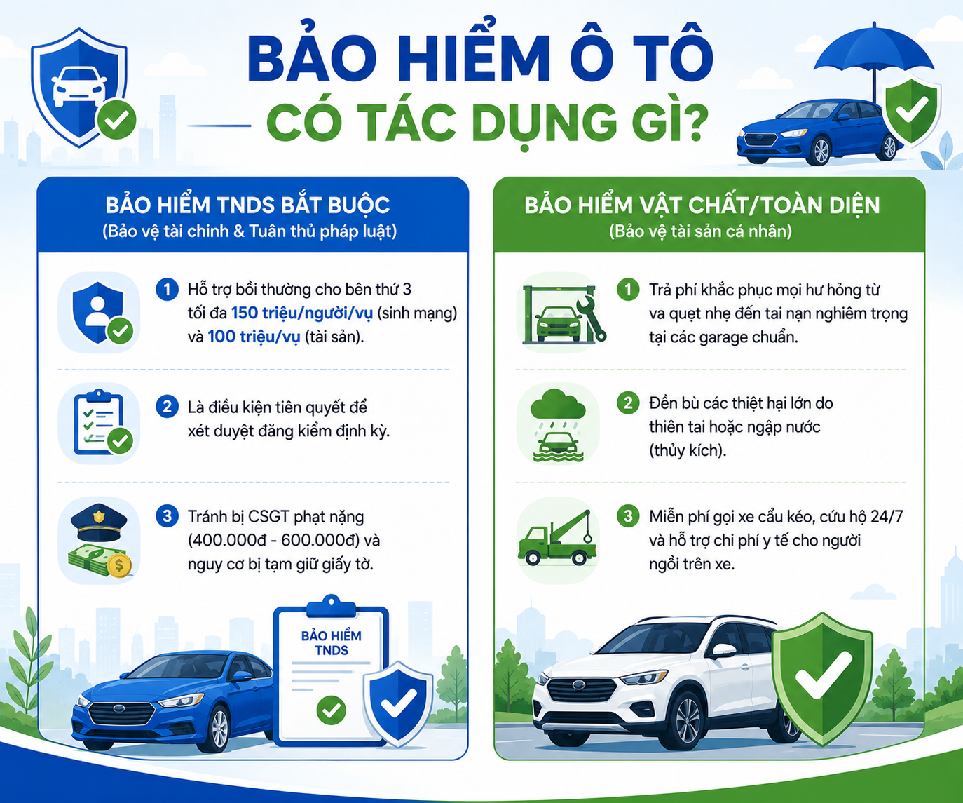 Bảo hiểm ô tô có tác dụng gì? Tìm hiểu quyền lợi của bảo hiểm TNDS bắt buộc và bảo hiểm vật chất/toàn diện khi xe gặp rủi ro