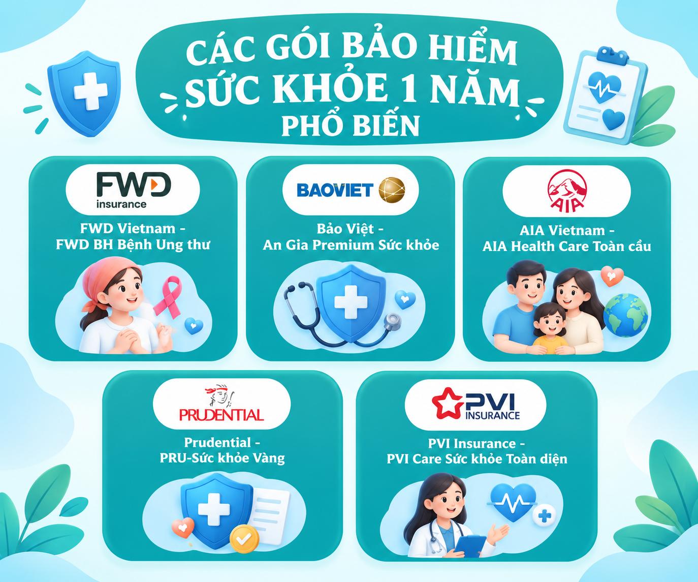 Các gói bảo hiểm sức khỏe 1 năm phổ biến của FWD, Bảo Việt, AIA, Prudential và PVI