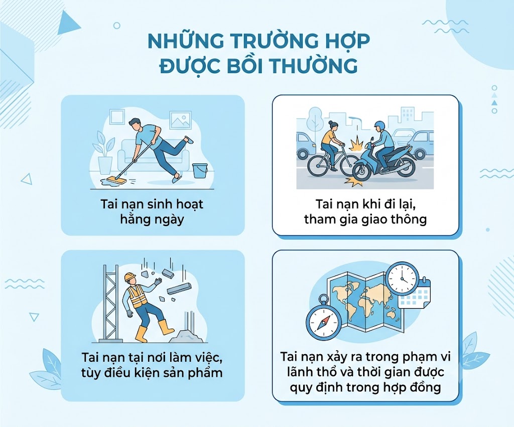 Những trường hợp được bồi thường: Bảo hiểm tai nạn cá nhân có thể hỗ trợ khi xảy ra tai nạn trong sinh hoạt, giao thông hoặc công việc theo điều kiện hợp đồng