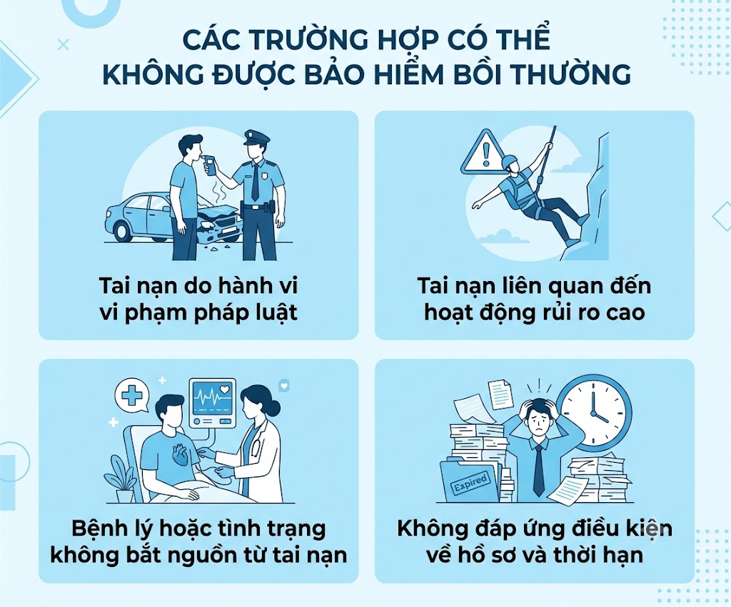 Những trường hợp không được bồi thường: Một số rủi ro có thể bị loại trừ tùy theo điều khoản và điều kiện của hợp đồng bảo hiểm